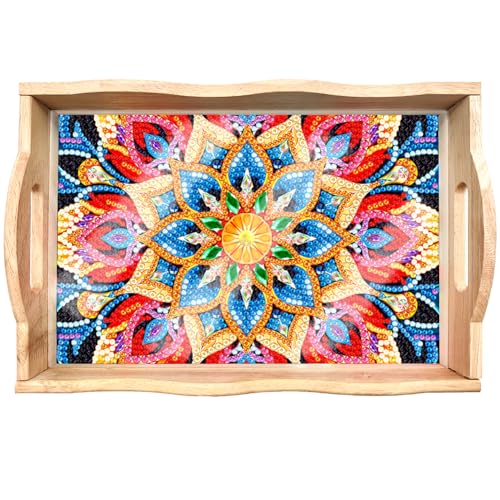 AZURAOKEY DIY Diamond Painting Wooden Serving Tray with Handle Decorative Trays Rectangular Wooden Tray Animal Decorative Tray for Desktop/Coffee Table/Countertop Centerpiece