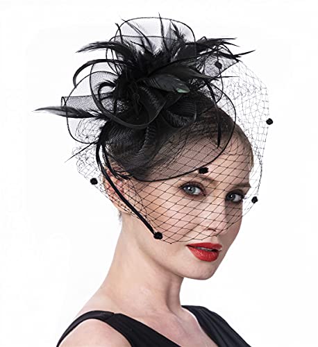 Fascinator Blume Netzmütze Feder Mesh Netz Schleier Tea Party Derby Hut mit Clip und Haarband für Frauen (A6-Schwarze)