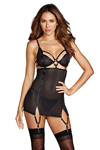 Dreamgirl. Frauen Dessous Garter Dress Strapskleid in schwarz transparent mit Bügel Cups, Ringen, Strumpfhalter und String Größe: L