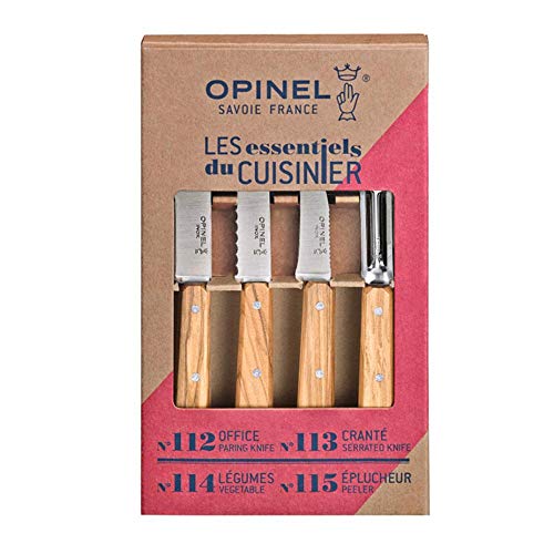 Opinel 254458 Essentials Küchenmesser Set-4 teilig-rostfreier Sandvik Stahl-Olivenholz Griffe, mehrfarbig