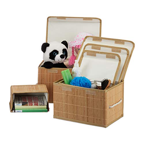 Relaxdays, naturfarben Aufbewahrungskorb 5er Set, mit Deckel + Klettverschluss, Bambuskorb, dekorative Aufbewahrungsbox, Standard