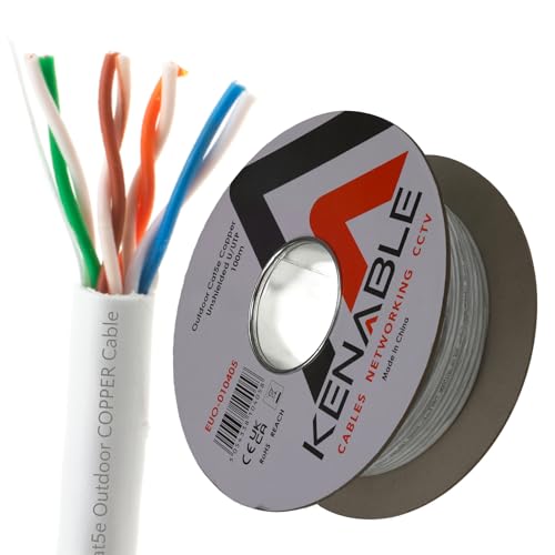 kenable Außen CAT5e Aussen Verwendung Kupfer Ethernet Netzwerk Kabel Kabelrolle UTP 100 m Weiß [100 Meter/Cat5e 100m]