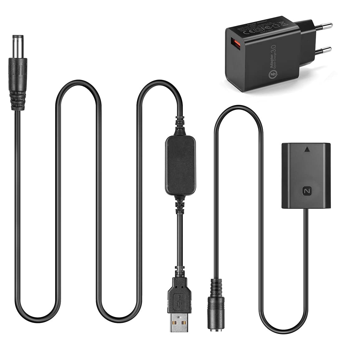 Raeisusp AC-FZ100 USB-Kabel + NP-FZ100 FZ100 VG-C3EM Dummy-Batterie + QC 3.0 Adapter für Sony Alpha A9 A7RM3 A7RIII a7iii A7M3 ILCE-9