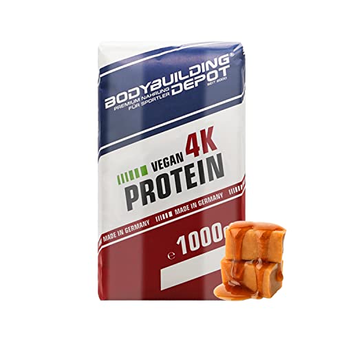 Bodybuilding Depot - Veganes Proteinpulver 1kg | Vegan 4k | umweltfreundlich in Papier verpackt | 100% pflanzlich | Sehr gute Löslichkeit | Natürlicher Geschmack (Karamell)