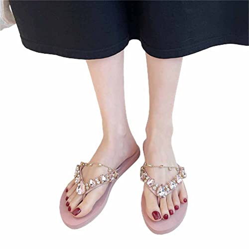 guoiooi Flip Flops Sandalen für Damen, Mode Damen Böhmen Flache Ferse Strass Clip Toe Sommer Strand Sandalen (Color : Pink, Size : 41EU/255cm)