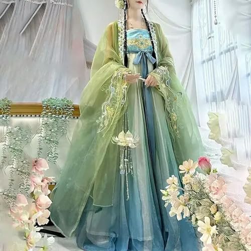 AJOHBM Damenkleid, traditionell, bestickt, Hanfu, Halloween, Fee, Cosplay, Kostüm, Hanfu, Farbverlauf, grünes Kleid