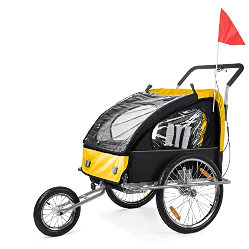 SAMAX Fahrradanhänger Jogger 2in1 Kinderanhänger Kinderfahrradanhänger Transportwagen vollgefederte Hinterachse für 2 Kinder in Gelb/Schwarz - Silver Frame