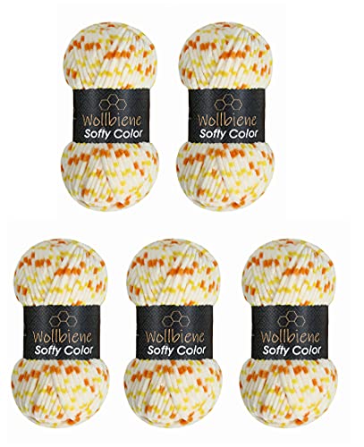 Wollbiene Softy Color 5 x 100 Gramm Chenillewolle Strickwolle, Babywolle, 500 Gramm Wolle Super Bulky (weiß-orange-gelb 116)
