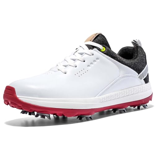 NGARY Golf Schuhe Herren Wasserdicht Atmungsaktive Golf Turnschuhe Spikes mit rutschfeste Außensohle leichte Golfschuhe,Weiß,47 EU