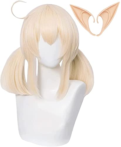 Genshin Impact Kostüm-Perücke, Cosplay-Perücke mit Ohren, doppelblondes Pferdeschwanz-Haar für Anime Cosplay für Halloween Party Halloween Karneval mit Perücke