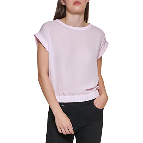 DKNY Women's Blouse Top with Elastic Bottom and Short Sleeves, Fresh Pink, M