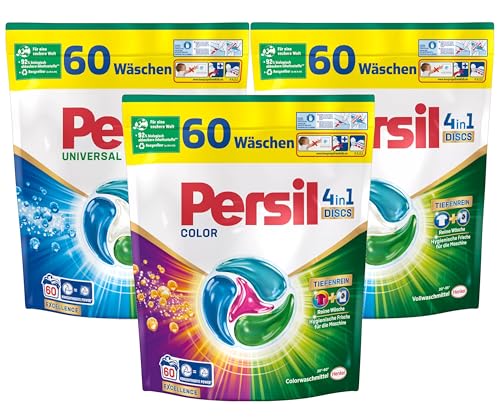 Persil Set 2x Universal & 1x Color 4in1 DISCS 180 Waschladungen (3x 60WL), Vollwaschmittel & Color Waschmittel Tiefenrein, für reine Wäsche und hygienische Frische für die Maschine