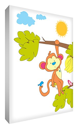 Little Helper MKY1624-12G Feel Good Art Wandschmuck aus starker Leinwand im modernen illustrativen Stil - Der freche Affe schaukelt an seinem Baum, 60 x 40 cm