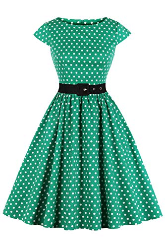 Axoe Damen Partykleider Rockabilly Kleid 50er Jahre Polka Dots mit Gürtel Grün Gr.44