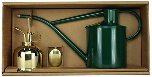 Haws Zimmergießkanne Grün 1 L und Pflanzensprüher Messing 300 ml im Geschenk Set