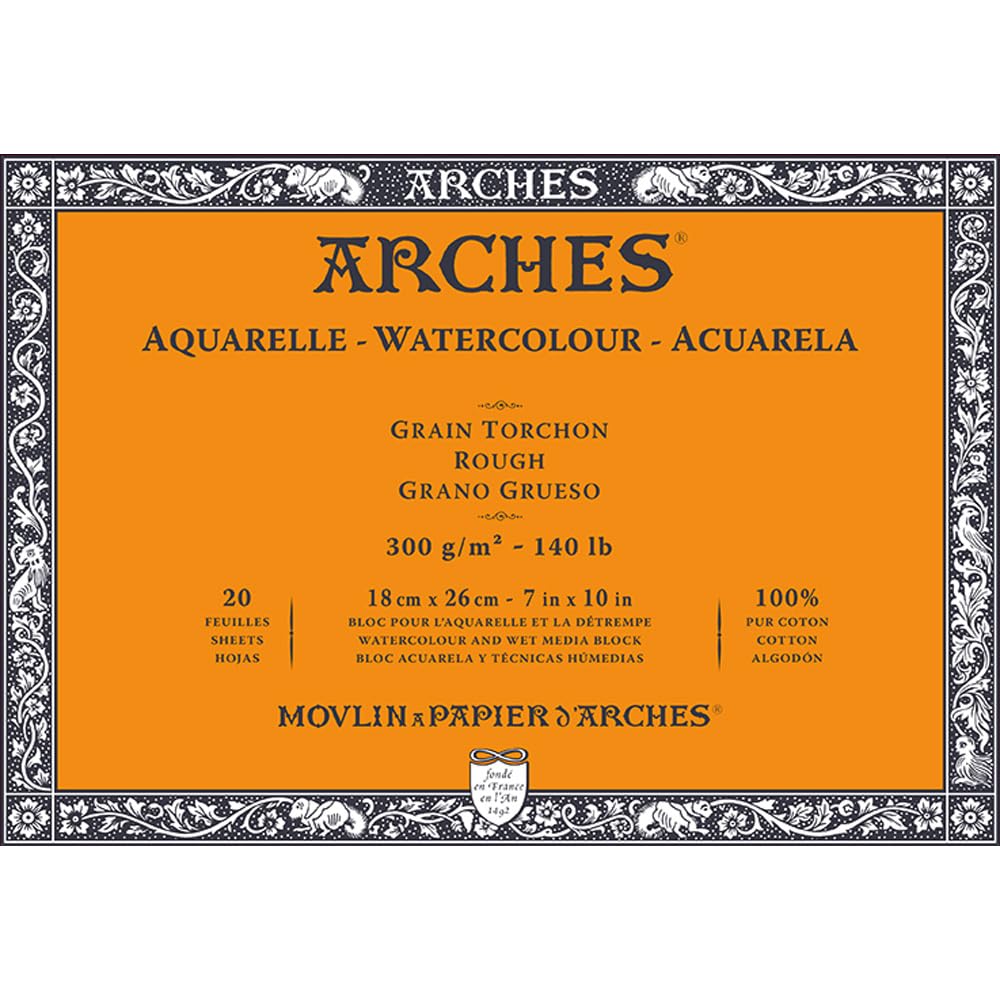 Arches - Aquarellpapierblock, 17,8 x 25,4 cm, 20 Blatt, 300 g/m², rau, säurefrei, weiß.