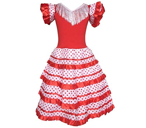La Senorita Spanische Flamenco Kleid/Kostüm - für Mädchen/Kinder - Rot/Weiß - Größe 140-146 - Länge 95 cm - für 9-10 Jahr