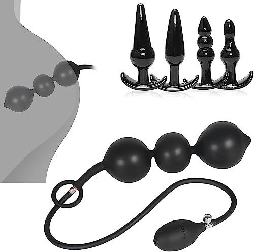 CWT Plug Set of 5, 1 Inflatable Balls with Rings and 4 Silicone Trainers, Removable Pump Plug Butt Plug Trainer Prostate Masturbator Dilation Ring Testicle Ring Sex Toy