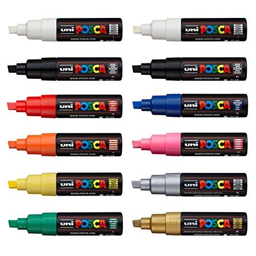 Uni Posca PC-8K Paint Pen Art Marker-Stift, professionelles Set mit 12 Stiften, extra schwarz und weiß