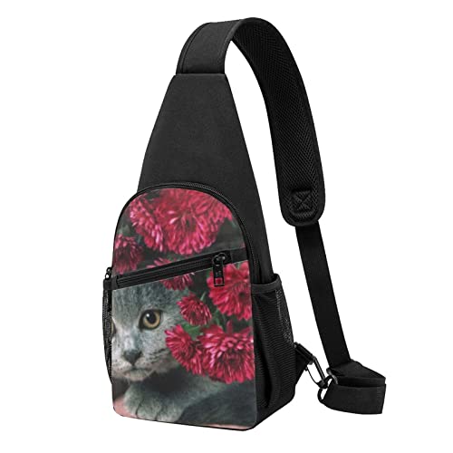 Brusttasche mit Western-Musikdruck, wasserdicht, leicht, mit einem Riemen, für Outdoor, Wandern, Sport, Katze in Blumen, Einheitsgröße