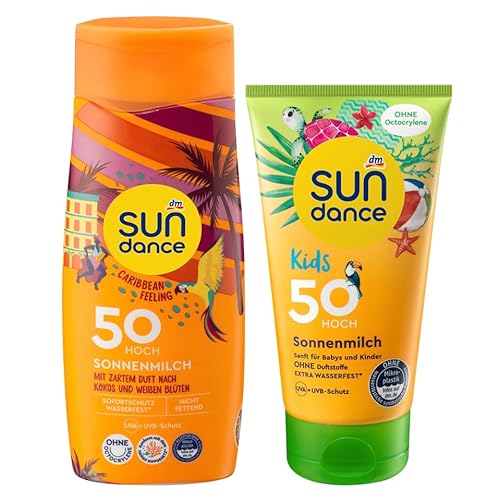 SUNDANCE 2er-Set Sonnenmilch: CARIBBEAN FEELING mit Duft nach Kokos LSF 50 (200 ml) & KIDS GREEN für sonnenempfindliche, ungebräunte, sensible Kinderhaut LSF 50 (150 ml), 350 ml