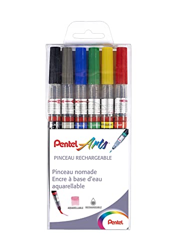 Pentel Arts Pack mit 6 nachfüllbaren Pinseln Color Brush XGFL: 1 x Schwarz, 1 x Grau, 1 x Grün, 1 x Blau, 1 x Rot, 1 x Gelb GFL/6BASIC