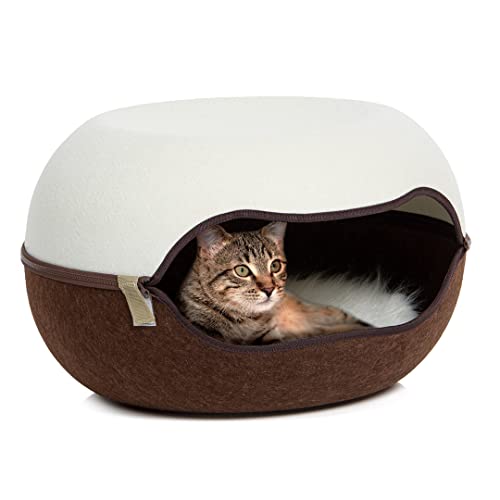CanadianCat Company ® | Das Katzennest 2.0 | Katzenhöhle | Katzenbett | Creme/braun | 52 x 46 x 31 cm | Filzhöhle für Katzen