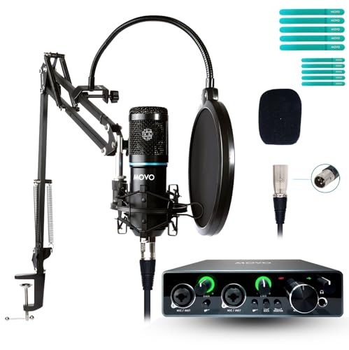 Movo PodPakA Universal Nieren-Kondensatormikrofon-Kit mit MDX-1 2x2 Audio-Schnittstelle mit Gelenk-Scherenarm-Mikrofonständer - Podcast-Ausrüstungsset für YouTube, Podcast, Streaming