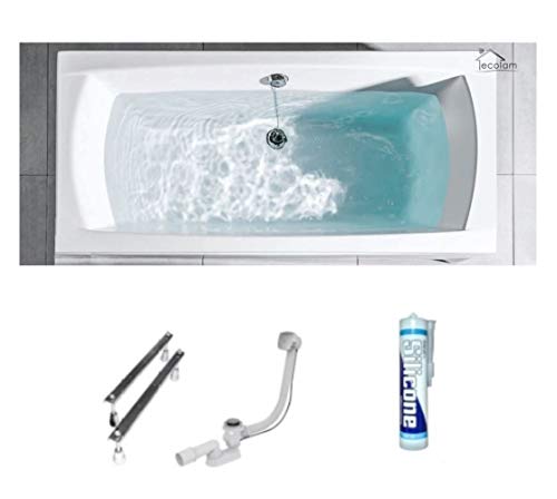 ECOLAM Badewanne Wanne Rechteck Ines Design Acryl weiß 190x90 cm + Ablaufgarnitur Ab- und Überlauf Automatik Füße Silikon Komplett-Set, Rechteckbadewanne für Zwei