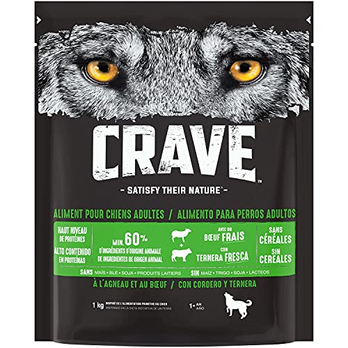 CRAVE Trockenfutter für ausgewachsene Hunde mit Lamm- und Rindfleischgeschmack, 6 Beutel à 1 kg – Trockenfutter ohne Farbstoffe, Aromen oder Konservierungsstoffe, mit einem hohen Proteingehalt