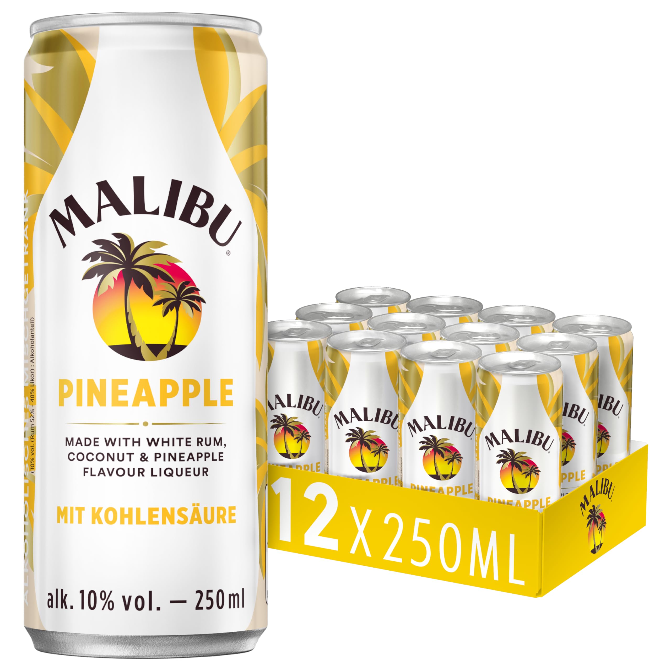 Malibu Pineapple – fruchtig-prickelnder Mix aus Rum und mit erfrischendem Geschmack von Kokos und Ananas – 12 Dosen à 250 ml, gesprudelt, (10 Vol.-%)