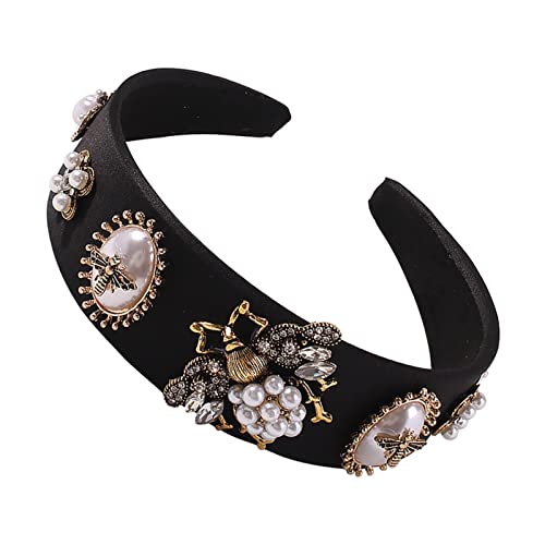 Strass Kristall Breite Stirnbänder Barock Elastische Haarreifen Vintage Mode Haarschmuck für Frauen, Schwarz