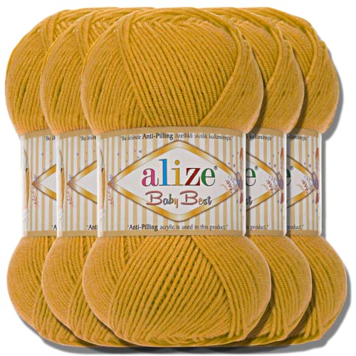 Alize Baby Best Batik 5x 100g Strickwolle Antipilling türkische Babywolle Bebe einfarbig Wolle Yarn Garn Strickgarn Handstrickgarne zum Stricken Häkeln Cotton Soft (Saffron | 281)
