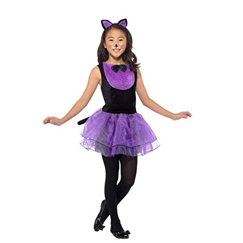 Amakando Entzückendes Katzen-Kostüm für Kinder/Schwarz-Violett in Größe M, 7-9 Jahre, 130-143 cm/Katzen-Kleid für Mädchen Miezekatze/Genau richtig zu Fastnacht & Karneval