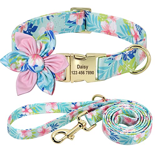 SARUEL Personalisiertes Hundehalsband-Set,Bedrucktes Nylon-Haustierhalsband,Graviertes Haustier-Blumenhalsband,Gehleine Für Kleine,Mittelgroße Und Große Hunde,Blau,S