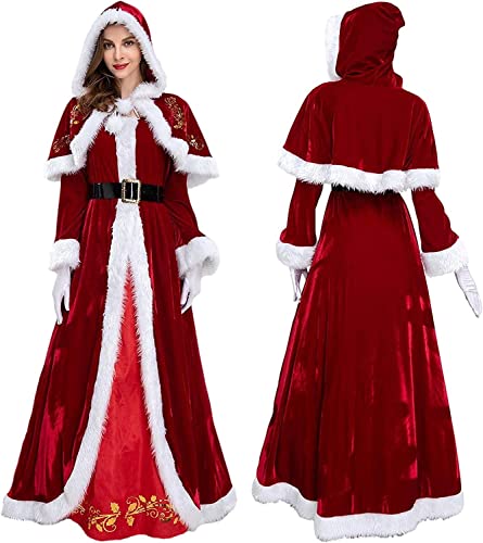 Frauen Kleid Weihnachtsmann Kostüm Festival Baumwolle Samt Warmes Weihnachtsmann Kleid Weibliches Urlaubskleid Schal Mit Kapuze, Handschuhe, Rock, Gürtel XL.