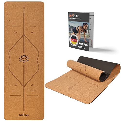 DH FitLife Yogamatte aus Kork & TPE, mat 183 x 61 x 0,6 cm, Fitnessmatte rutschfest & umweltfreundlich, Sportmatte von Natur aus selbstreinigend, Yoga Matte mit Orientierungslinien (kleiner Lotos)