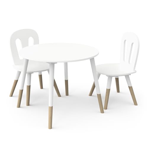 habeig Kindertisch Tisch & 2 Stühle #151 Kinderset Sitzhocker Holz weiß Sitzgarnitur Kinder (3er-Set), Kinderzimmer, 60cm (weiß/Natur)