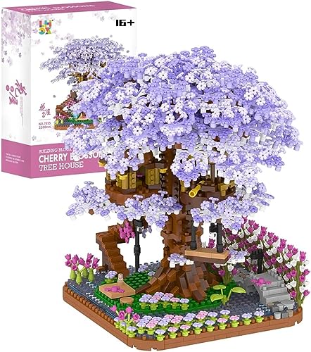 Kirschblüte Baumhaus, 2138 Teile Bonsai Baum Bausteine Set, Modular Sakura Bonsai Baum Bausatz Kirschblüte Landschaft Modellbausatz, Sakura Baumhaus Modellsets für Erwachsene (Lila)