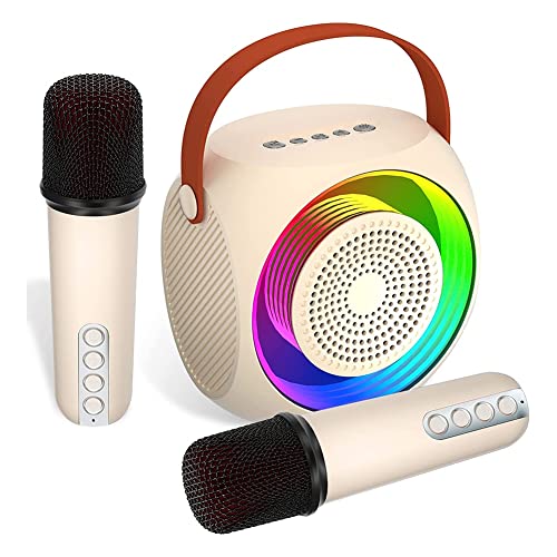 Fubdnefvo Mini-Bluetooth-Lautsprecher, tragbar, 2 Stück, kabelloses Mikrofon und Erwachsene, mit LED-Lichtern, Weiß
