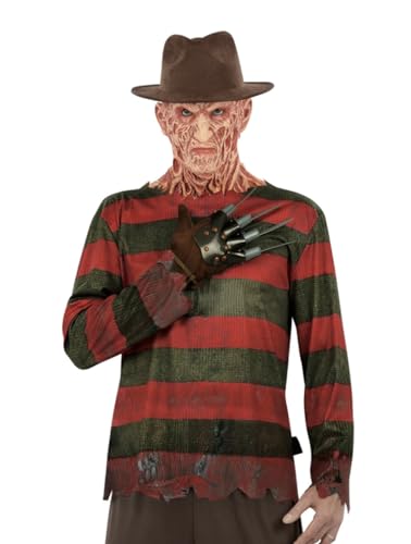 MIMIKRY 3-TLG. Freddy Krueger Set Shirt Klingen-Handschuh Fedora Hut A Nightmare On Elmstreet Horror Halloween Killer Mörder, Größe:XL