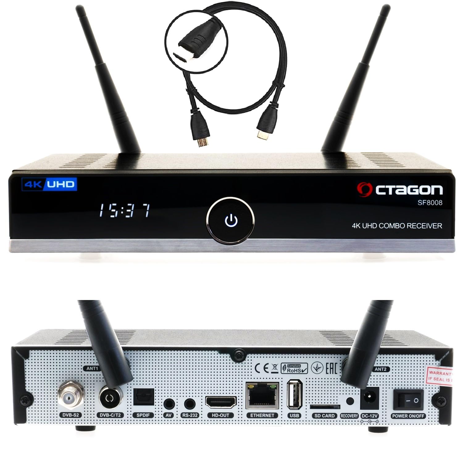OCTAGON SF8008 UHD 4K Combo Receiver, Sat- Kabel- & DVB-T2 Receiver, E2 Linux & Define OS, DVB-S2X & T2C, mit PVR Aufnahmefunktion, Gigabit LAN, Kartenleser, Sat to IP, Multistream, H.265, WiFi