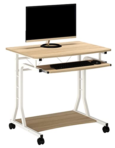 SixBros. Schreibtisch, rollbarer PC Tisch, Rollwagen, Kleiner Computerschreibtisch auf Rollen, 80 x 60 cm Eiche/Weiß Holzoptik CT-3791A/8418