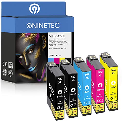 NINETEC NT5-502XL 5er Set Patronen kompatibel mit Epson 502XL 502 XL | Für Expression Home XP-5100 XP-5105 XP-5115 Workforce WF-2860DWF WF-2865DWF | Black je 19ml, Color je 14ml XL-Inhalt