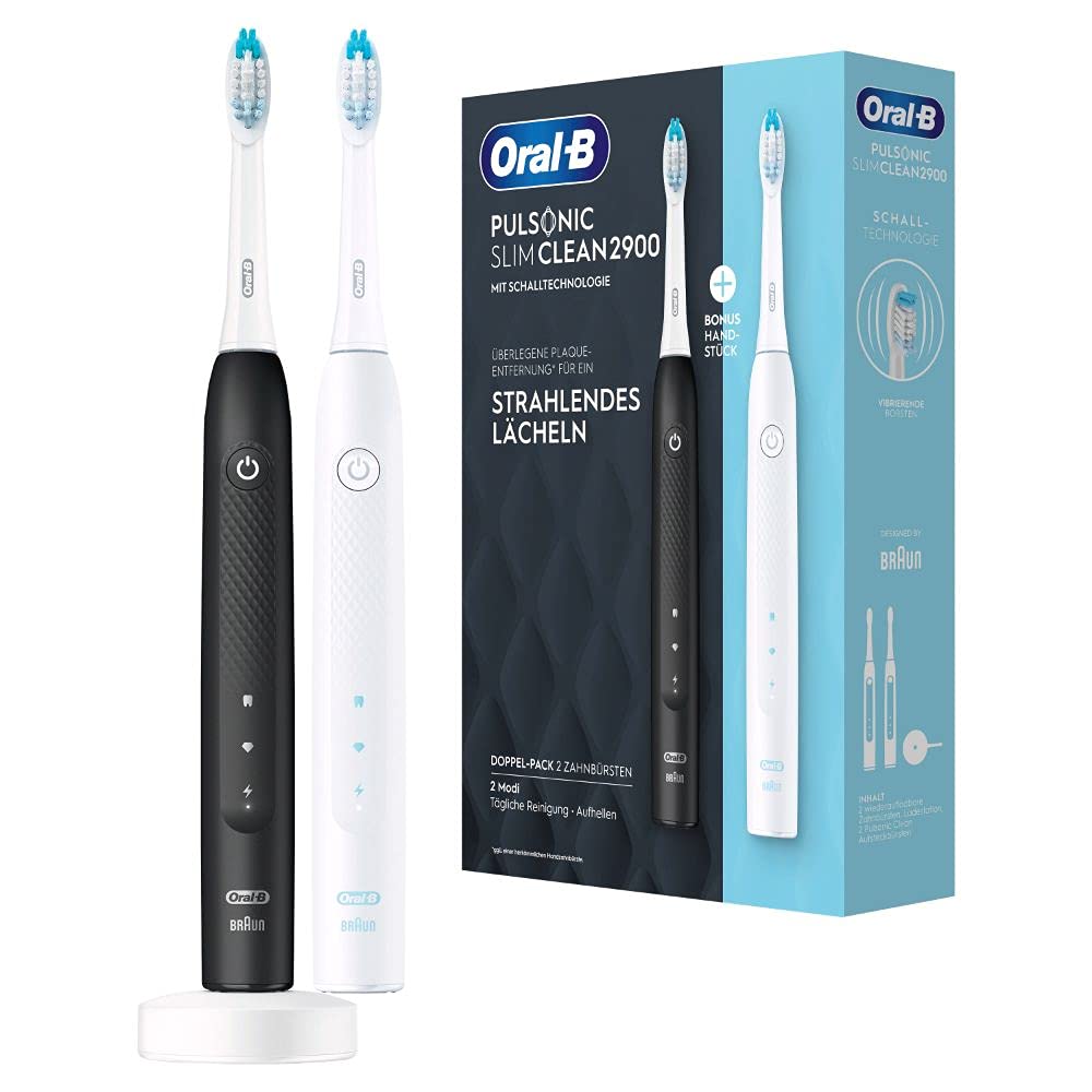 Oral-B Pulsonic Slim Clean 2900 Elektrische Schallzahnbürste/Electric Toothbrush, Doppelpack mit 2 Aufsteckbürsten, 2 Putzmodi für Zahnpflege mit Timer, Geschenk für Sie/Ihn, schwarz/weiß