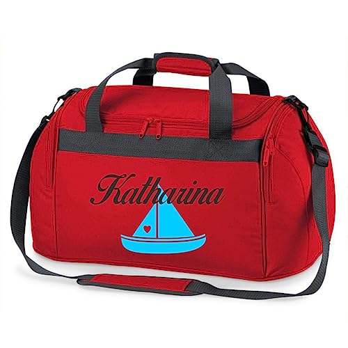 minimutz Sporttasche mit Namen | Motiv Segel-Boot Schiff | Personalisieren & Bedrucken | Reisetasche Schwimmtasche Mädchen Jungen Wasser-Sport (rot)