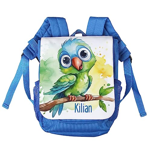 Striefchen® personalisierter Kinderrucksack mit niedlichen Tiermotiven in Aquacolor Optik Papagei, Blau