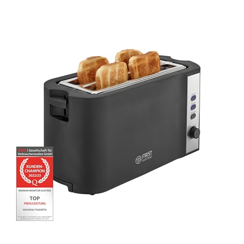 TZS First Austria Toaster | 4 Scheiben Langschlitz | 6 Bräunungsstufen | Auftau- und Aufwärmfunktion | Brötchenwärmer | Krümelschale
