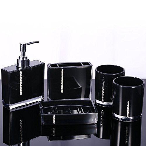 Badezimmer-Zubehör-Set aus Acryl, 5-teilig, inklusive 1 Emulsion-Flasche, 1 Zahnbürstenhalter, 1 Seifenschale, 2 Gargaria-Becher (schwarz)