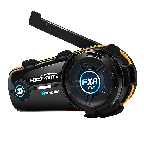 Fodsports Motorrad Bluetooth Headset, FX8 Pro Intercom Motorrad mit Dual-Chip Bluetooth 5.0, Musikteilen, Audio Multitasking, 3 Soundeffekte, Helm Headset für bis zu 8 Motorräder mit 2000m Reichweite